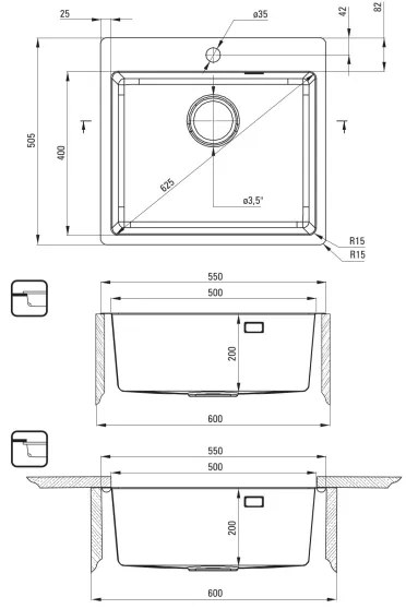 Deante ZPO_010B - Mosogató OLFATO 50,5x55 cm csiszolt acél