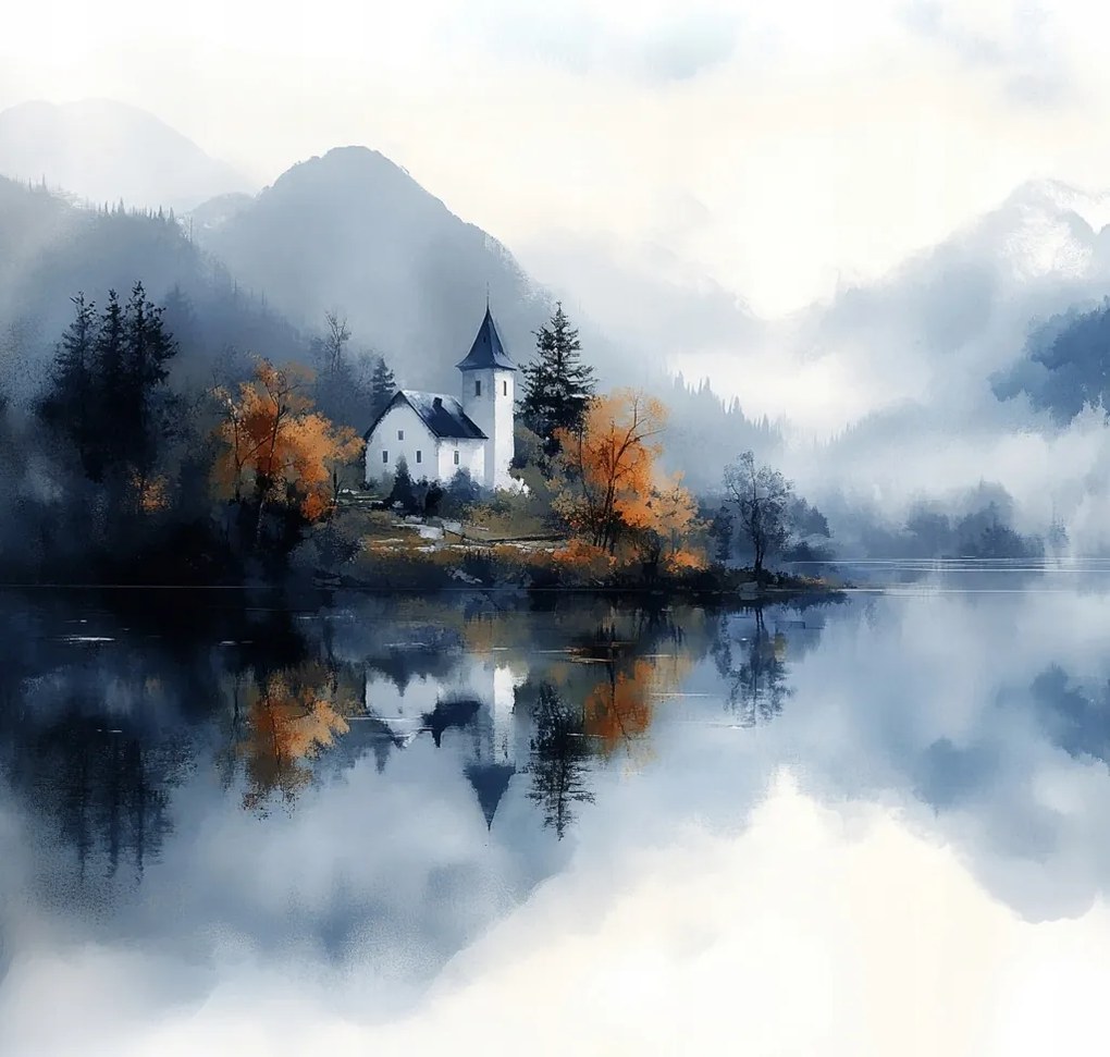 Vászonkép Canvas Tájkép Hegyek Tó Templom Ősz Erdő Köd 40x40