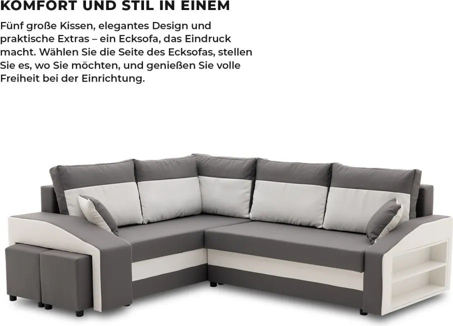 Grande sarokkanapé polcokkal és puffokkal , polc a jobb karfaban puffok a bal karfaban, baloldali, szövet anyag, bonell töltet, szürke - fehér