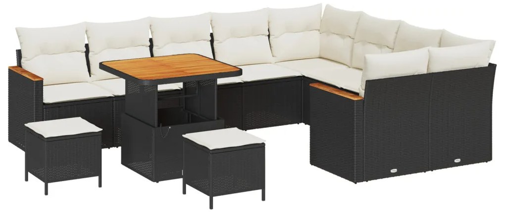 12 darabos kerti kanapé szett párnákkal Fekete Poli rattan Acacia, 3 darabos kerti étkező szett párnákkal Fekete Poli rattan Acacia