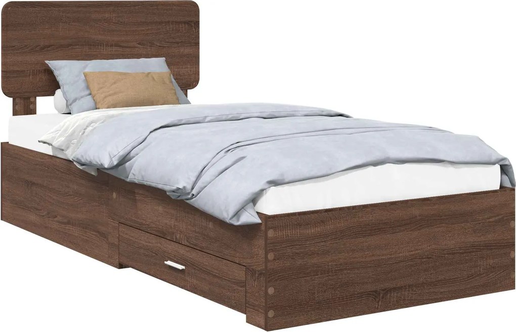 vidaXL Ágykeret fejtámlával fiókkal Barna Tölgy 75 x 190 cm Faanyag