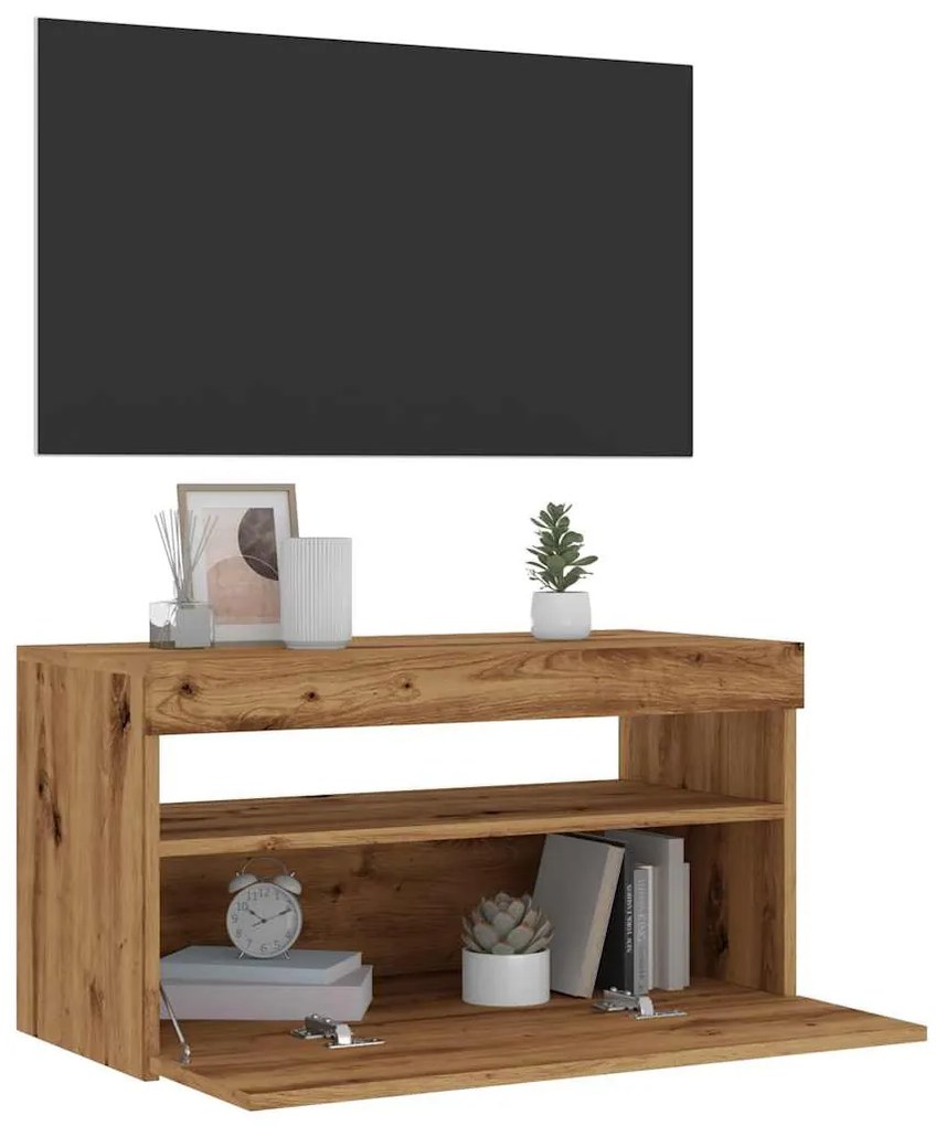 kézműves tölgy szerelt fa TV-szekrény LED-ekkel 75x35x40 cm