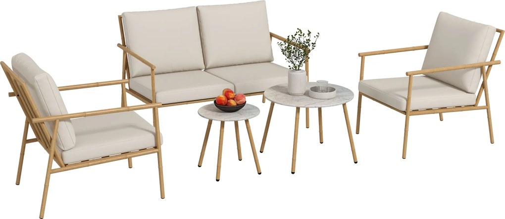Outsunny 5 részes ülőgarnitúra, kertibútor szett 2 székkel, kávézó asztallal, 1 kétszemélyes kanapéval, ülőpárnákkal a teraszra, Krém | Aosom