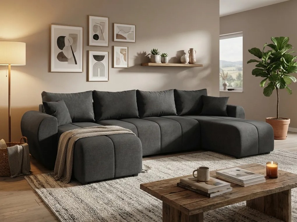 SEVIO U alakú kihúzható ülőgarnitúra, 311x145 cm, sötétszürke + 2 párna INGYEN