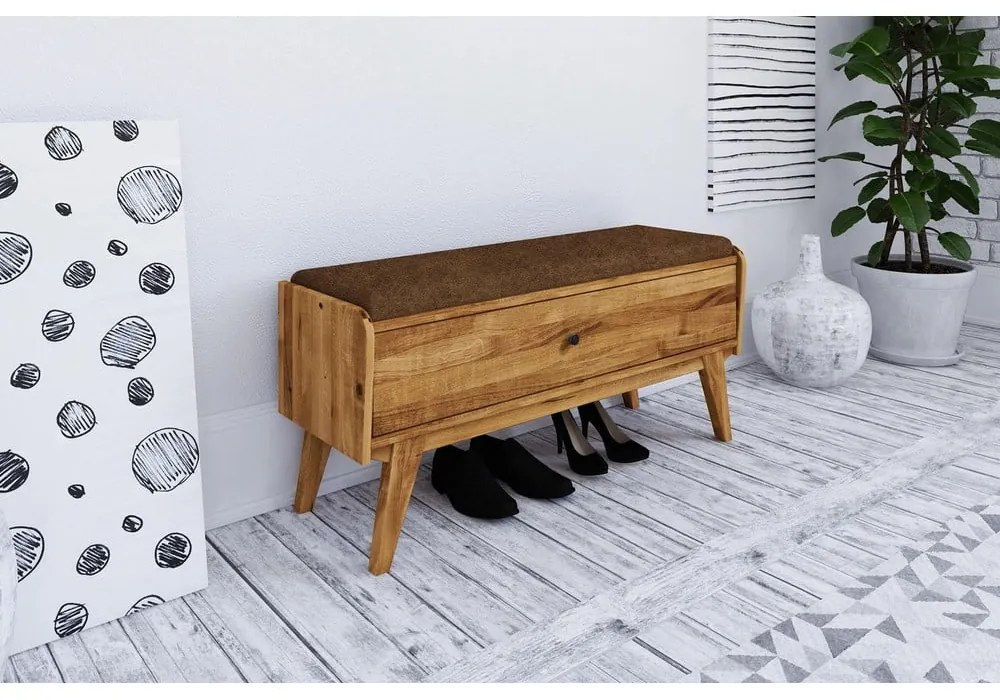 Tölgyfa pad tárolóhellyel, narancssárga ülőrésszel Retro - The Beds