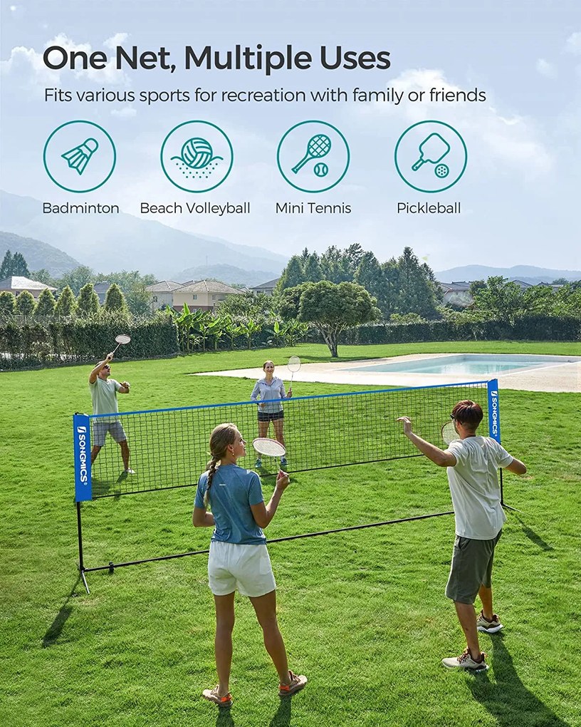 Tollaslabda háló hordozható állvánnyal állítható magasságú 5x1,5 m, kék