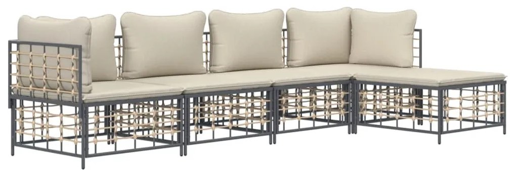 5 részes antracitszürke polyrattan kerti ülőgarnitúra párnákkal