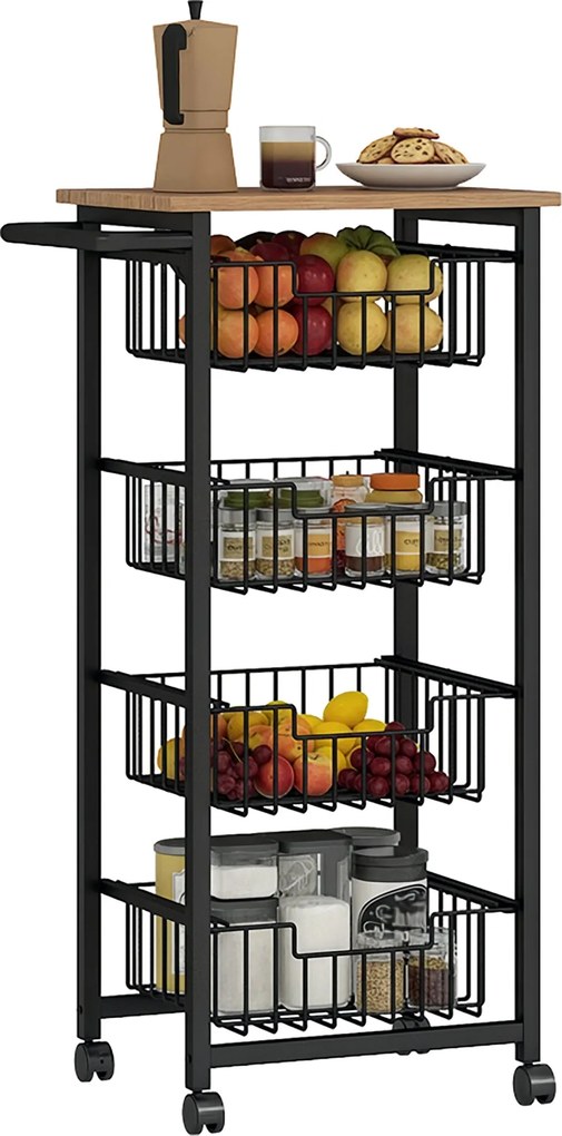 HOMCOM Konyhai Kocsi Munkalappal, 4 Ki Pull-Out Acél Kosárral, Görgős Kocsi Irodához, 49,5 x 31 x 91 cm, Tölgy | Aosom