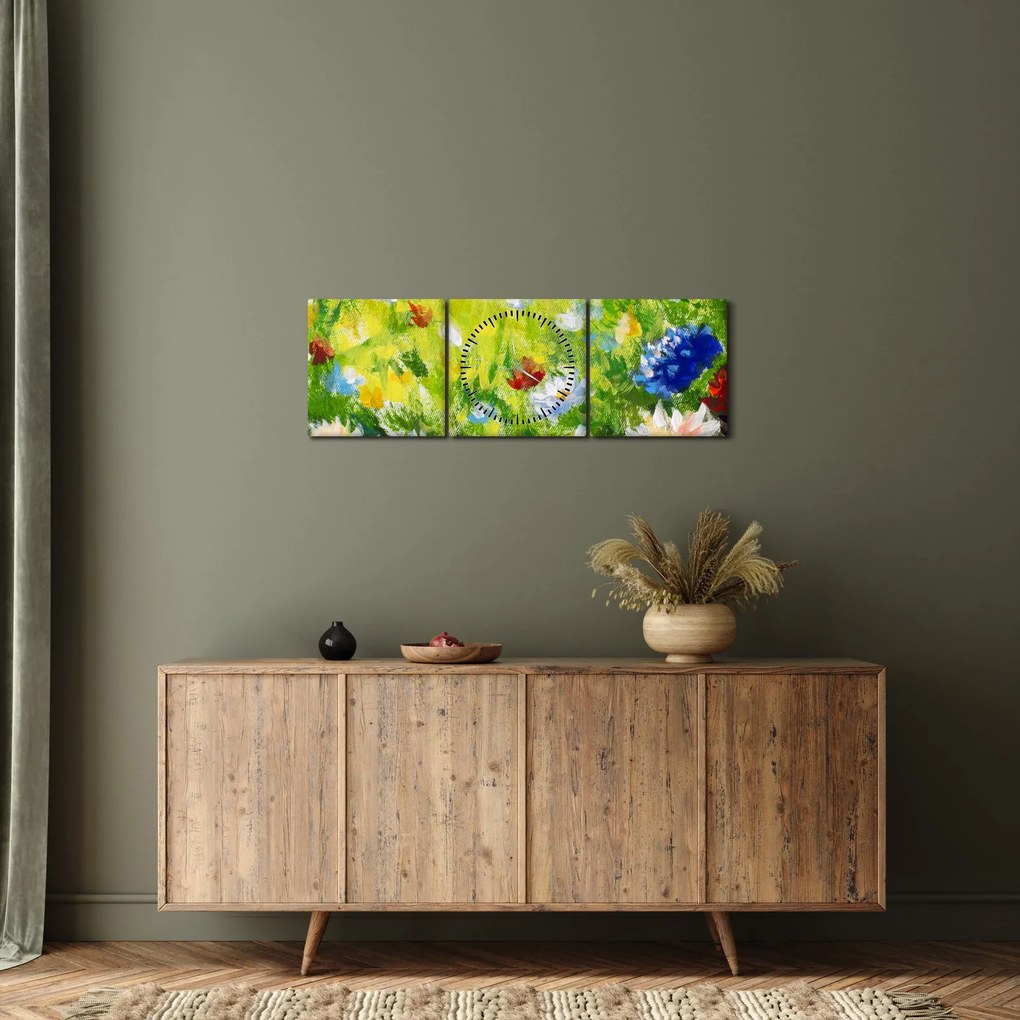 Virágzó rét képe, olajfestmény (órával) (90x30 cm)