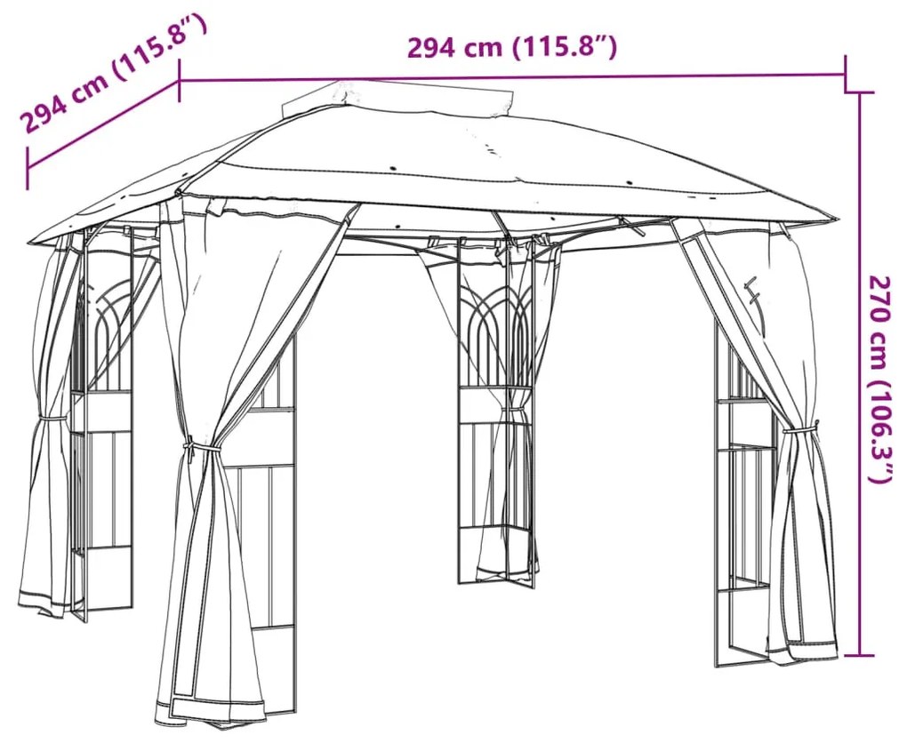 krémszínű acél dupla tetős pavilon hálós falakkal 2,94 x 2,94 m