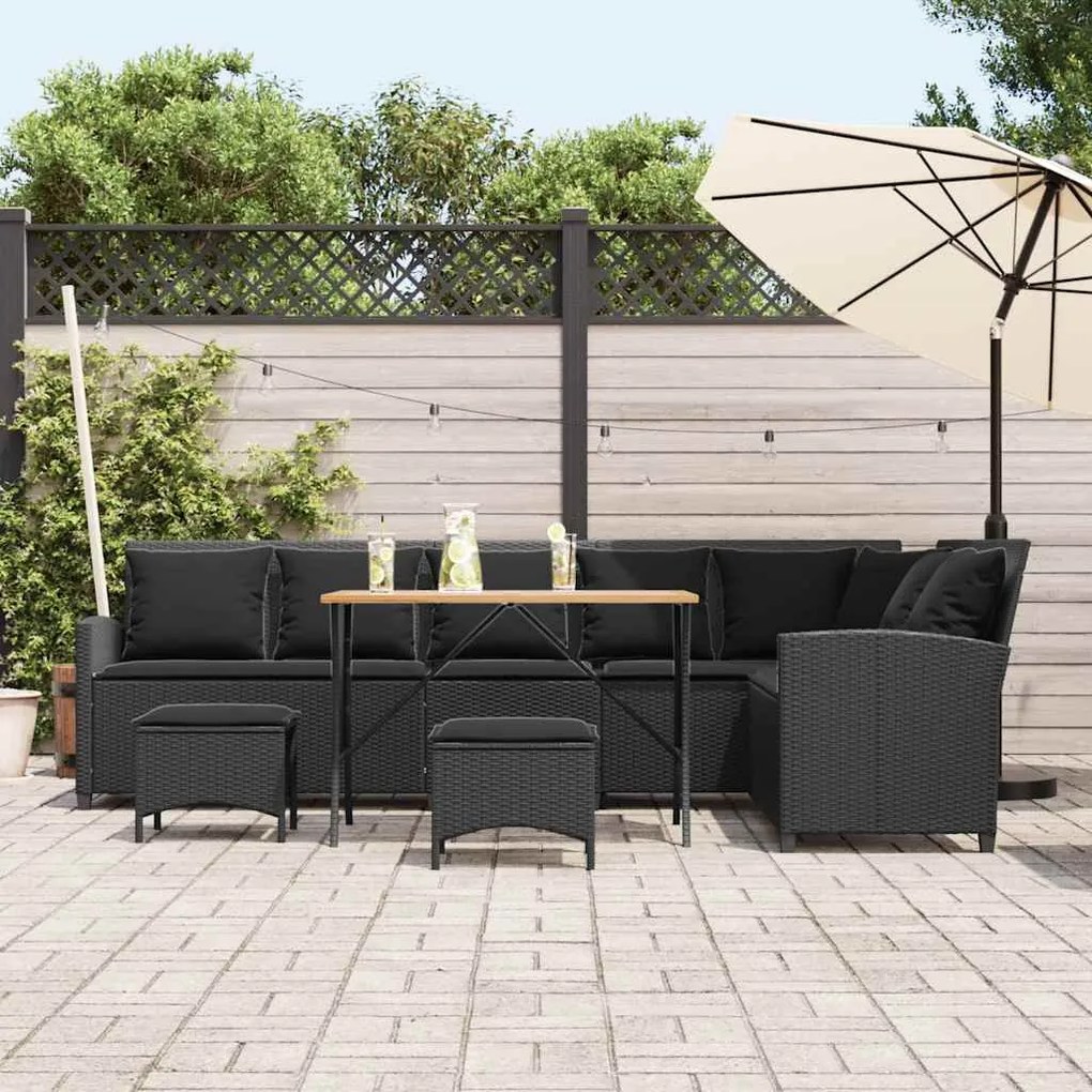 4 részes fekete polyrattan kerti ülőgarnitúra párnával L-alakú