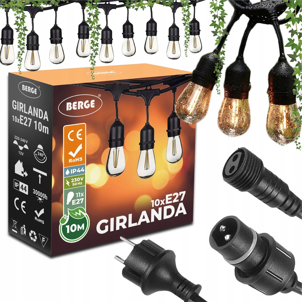 Kerti fényfüzér 10m+10x Led izzó 1W Kültéri vízálló