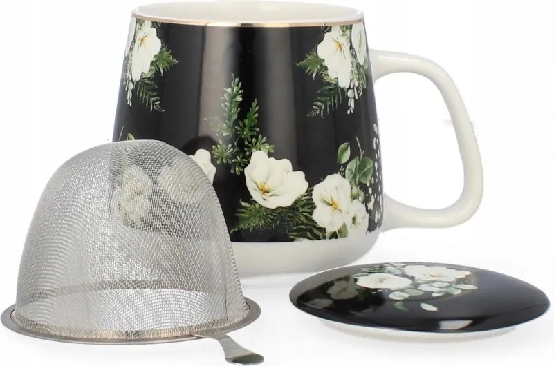 Porcelán bögre fém szűrővel és fedővel, fekete, 500 ml
