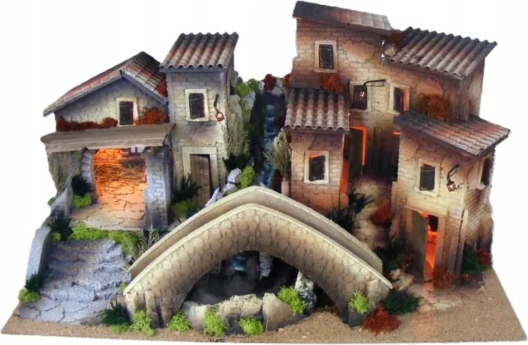 Karácsonyi betlehem világítással és vízeséssel- 80x45x40cm 10cm-es figurákhoz