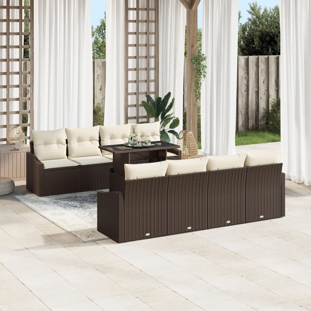 9 Darabos Kert Sofa Szett Párnákkal Barna Poli Rattan