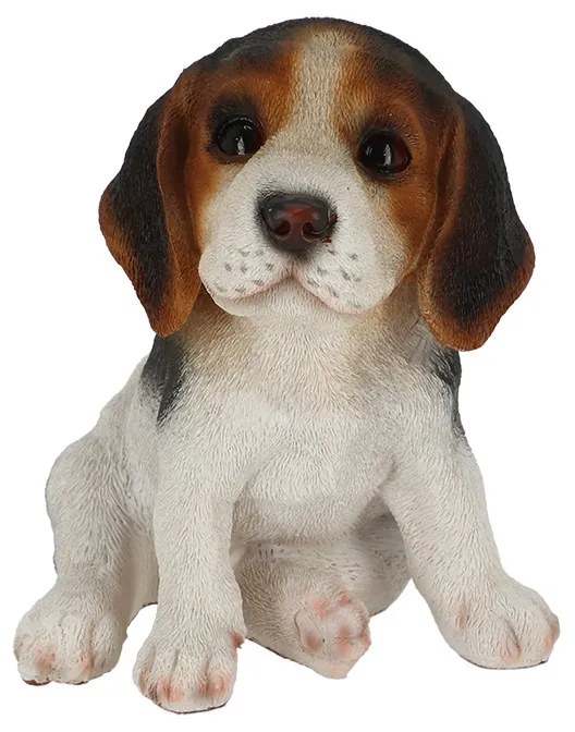 Beagle kiskutya polyresin szobor, fekete foltos, kültéri és beltéri dekorációs kiegészítő