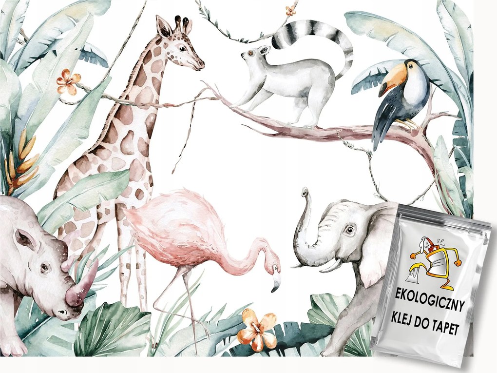 Fotótapéta Flizelina Gyerekek Dzsungel Állatok Zsiráf Elefánt 350x250 ragasztó