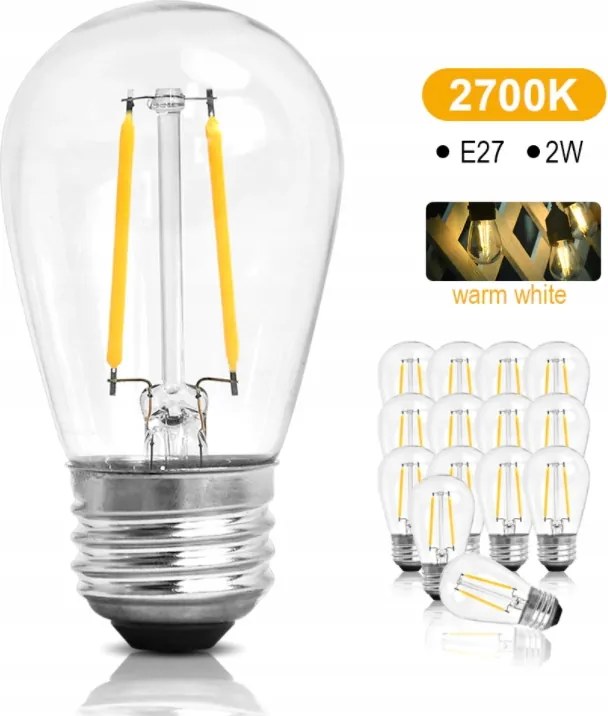 10x Led izzó S14 Led 2W 2800K Meleg Füzér