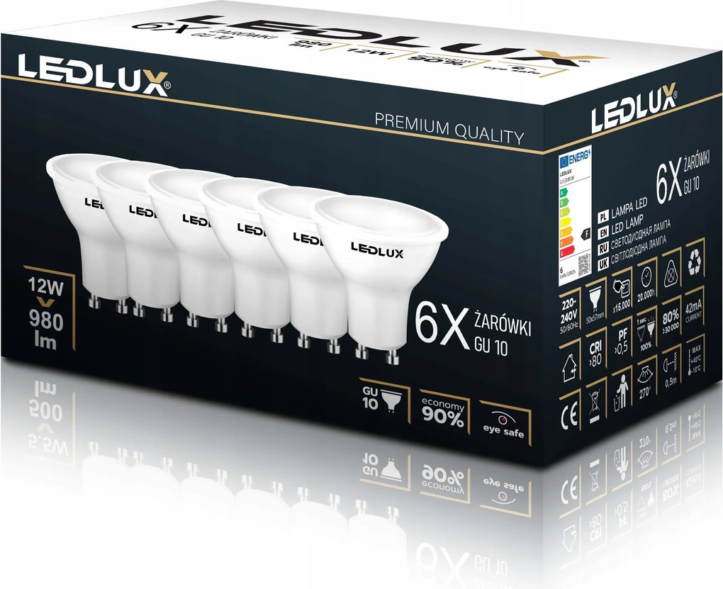 6 db-os Led izzó szett GU10 12W =95W Smd Premium Ledlux nem villog 3 Szín