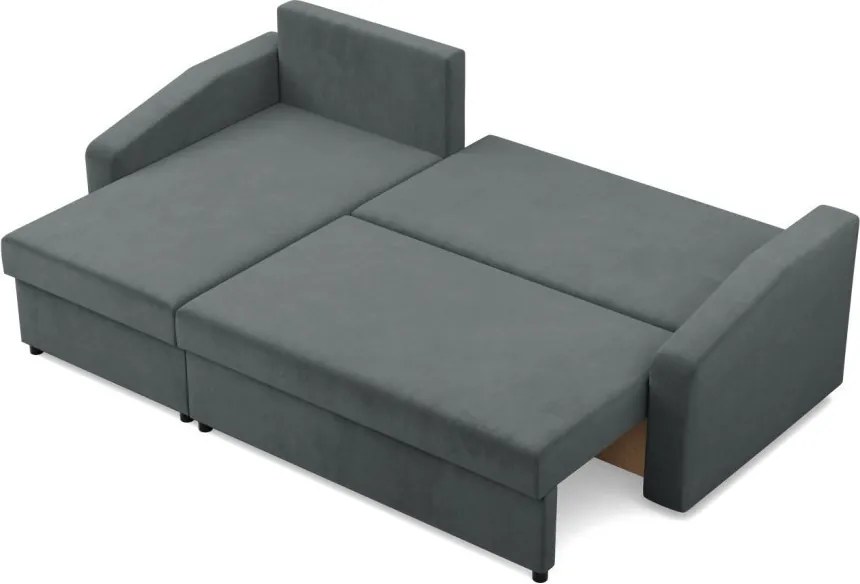 Zeus sarokkanapé, 2 ágyneműtartóval, döntött kartámasz, bársony, univerzális oldal, hab töltet, szürke