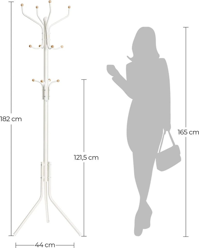 Álló fogas 12 kampóval, stabil fém kabáttartó,182 cm magas, fehér