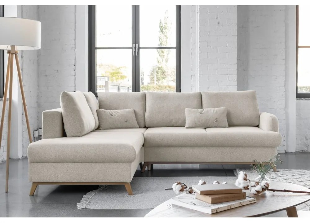Bézs kinyitható-tárolóhelyes sarokkanapé (bal oldali-L alakú) Scandic Lagom – Miuform
