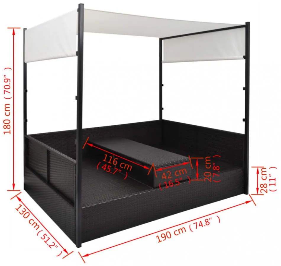fekete polyrattan napellenzős kerti ágy 190 x 130 cm