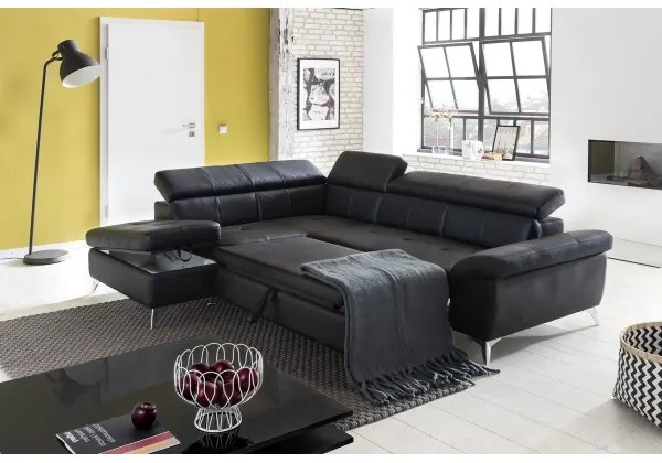 Fekete, balos, bőrkárpitos, L-alakú SALERNO II sarokkanapé, ággyá nyitható