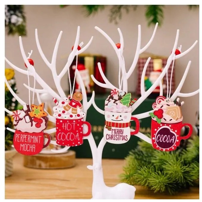 Fából készült karácsonyi dekorációs készlet HOT DRINKS, 12 db