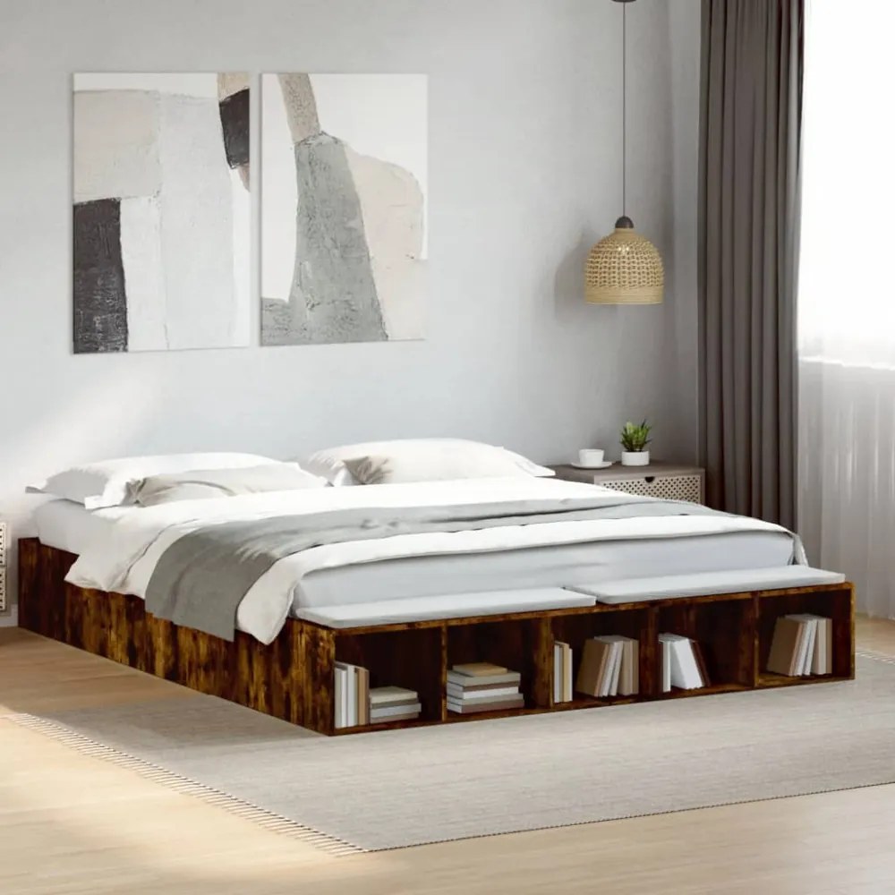 füstös tölgy színű szerelt fa ágykeret 200 x 200 cm