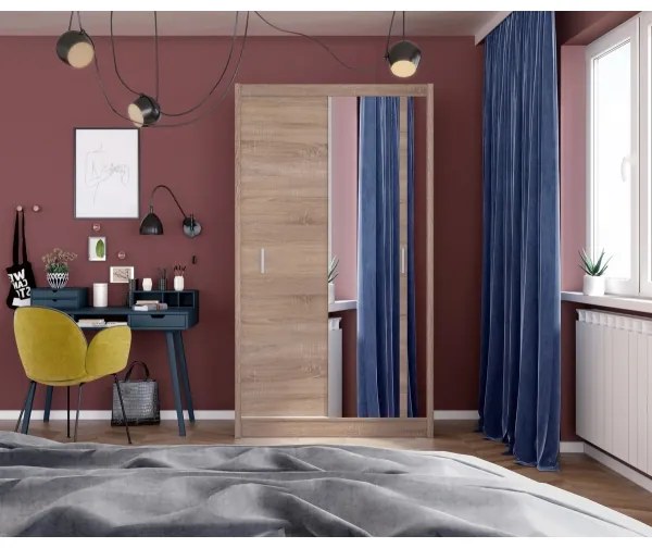 SABRINA gardróbszekrény tükörrel, 120x215 cm, sonoma tölgy