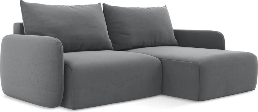 Szürke bársony kinyitható-tárolóhelyes sarokkanapé (jobb oldali-heverő résszel) Kalena – Makamii