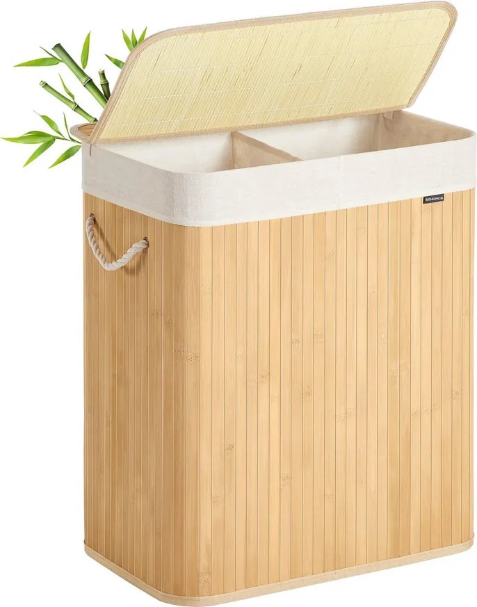 Fedeles bambusz mosókosár, 100 L, 2 rekeszes, hajtogatható bélészsákkal