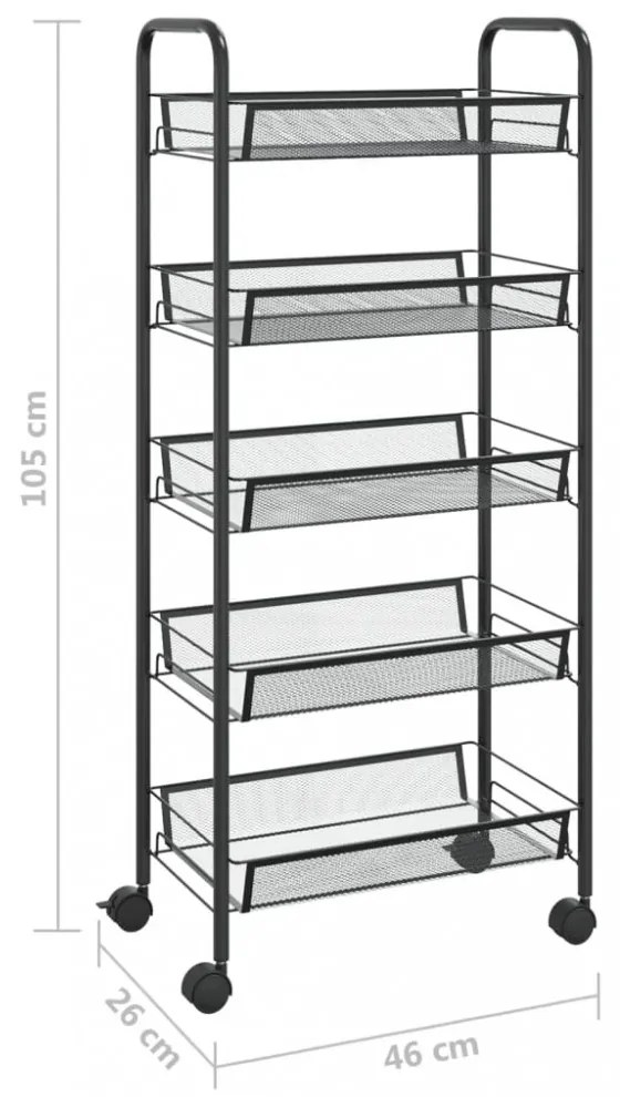 5 szintes fekete vas konyhai kerekes kocsi 46 x 26 x 105 cm