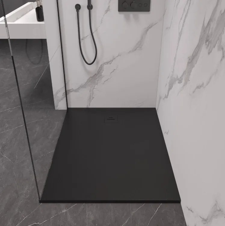 Erga Hyper, SMC zuhanytálca 100x90x2,6 cm + szifon, fekete matt, ERG-V06-SMC-9010S-BK