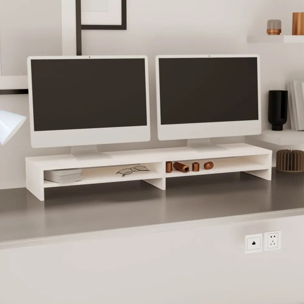 fehér tömör fenyőfa monitorállvány 100 x 24 x 13 cm