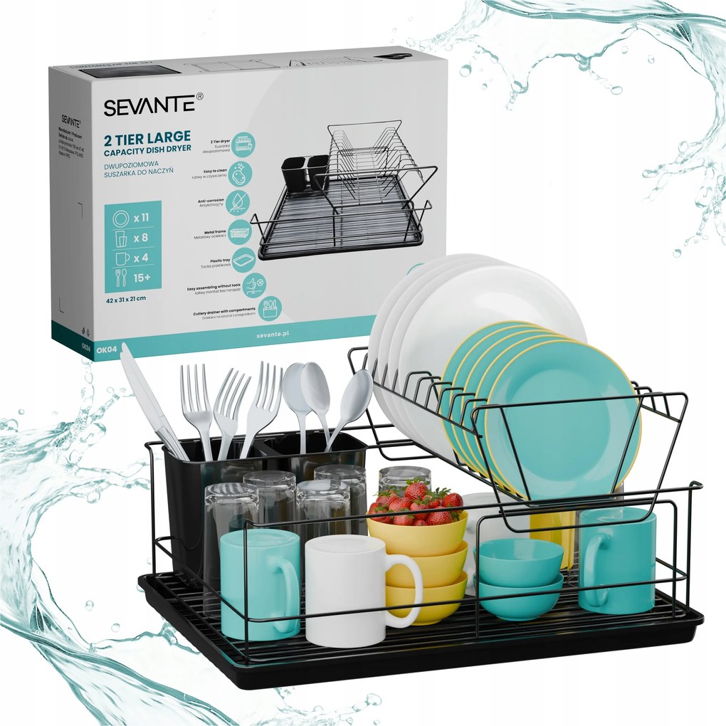 Csepegtető konyhai edényszárító tányérokhoz bögrék kétszintes fekete