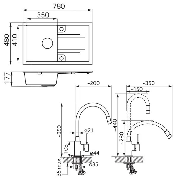 Ferro mosogató - készlet gránit mosogató + flexi csaptelep Ferro Zumba BZA4B, 1 kamrás 780x480 mm, grafit fényes, DRGM48 / 78HA-SET1-PL