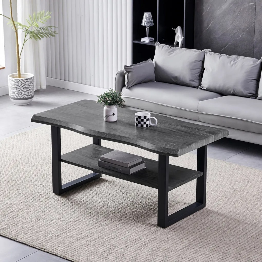 Măsuțăde cafea 120x60x55 cm, blat MDF, decor stejar gri, metal, raft, picioare negre