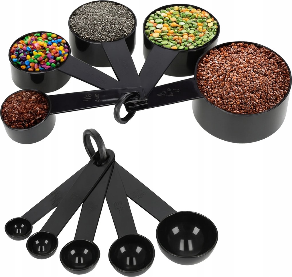 Konyhai mérőpoharak 10 db-os szett Fekete Tágas mérőpoharak Praktikus kiegészítők