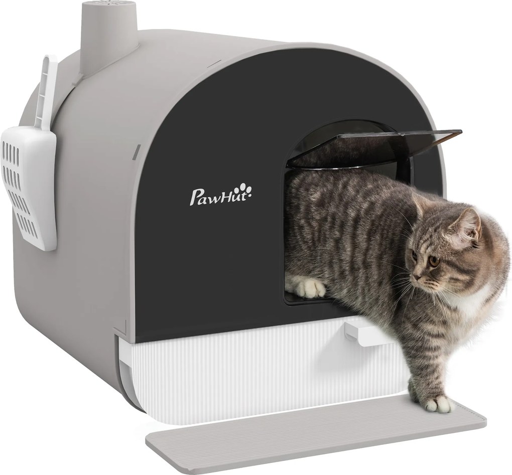 PawHut Macskaalom Tároló Ládával, Macska WC Kanállal és Aalomfogó Szőnyeggel, Kihúzható Tálcával, Nagyobb Macskáknak, Szürke, 43 x 44 x 47 cm | Aosom