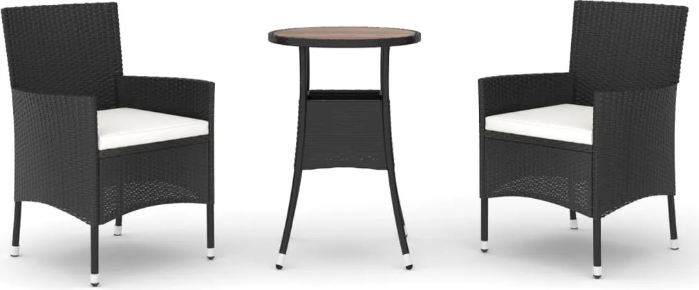 vidaXL 3 részes fekete polyrattan kerti bisztrógarnitúra párnákkal