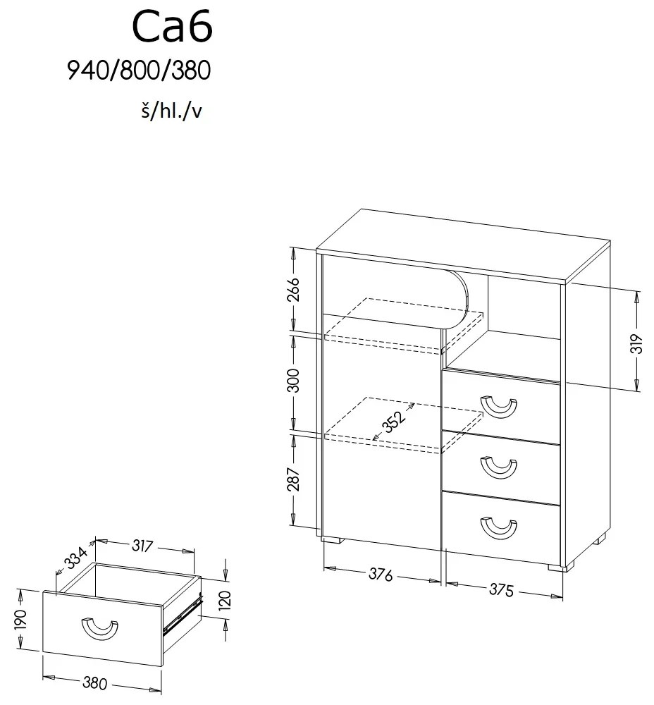 Komód typ CA6 Caryl (világos grafit + fényes fehér + nash tölgy). 1040646