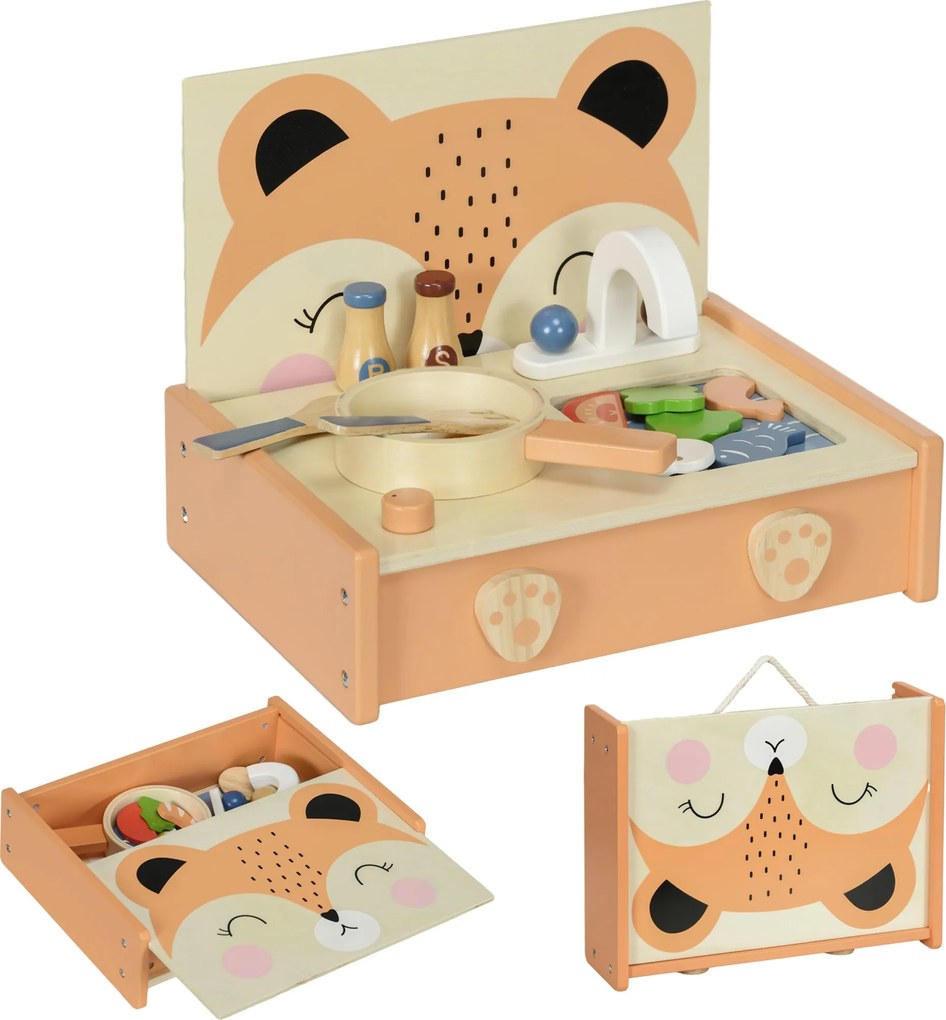 AIYAPLAY Mini Fa Konyha Gyermekeknek - Róka Dizájnú Játék Konyha 12 Kiegészítővel (Serpenyő, Porszívó, Fűszerek, Gyümölcsök, Zöldségek) - 3-5 évesekne