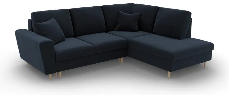 Sötétkék bársony kinyitható tárolóhelyes sarokkanapé (jobb oldali-L alakú) Kyoto – Cosmopolitan Design