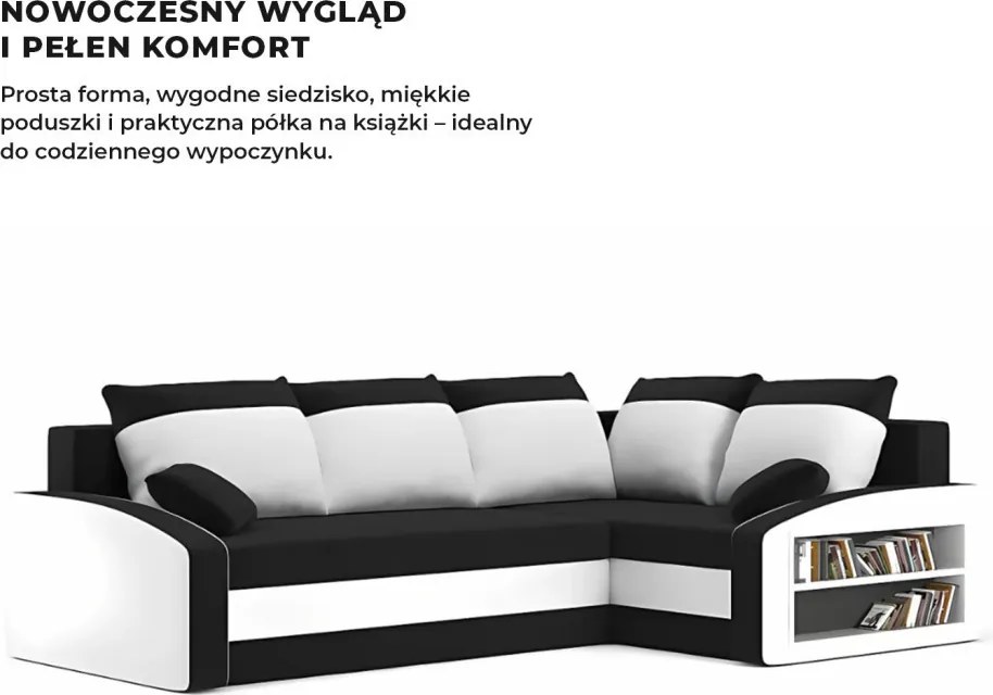 Grande sarokkanapé polcokkal , polc a jobb karfaban, jobboldali, szövet anyag, bonell töltet, fekete - fehér