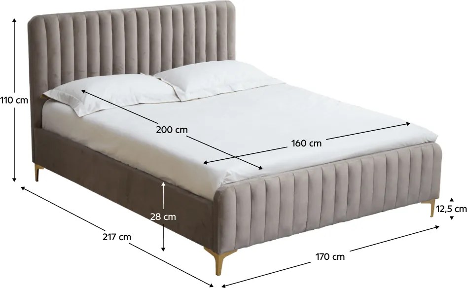 Ágy, szürkésbarna Taupe/gold arany króm, 160x200, KAISA