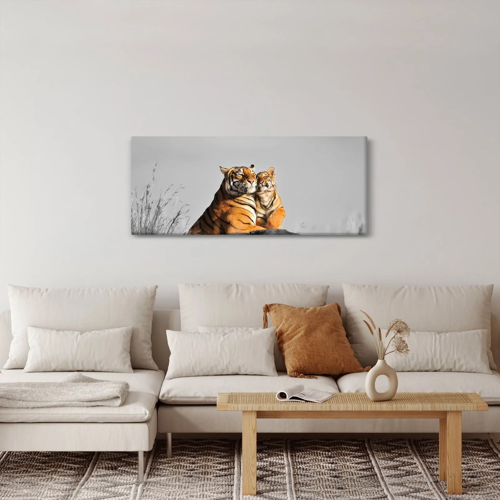 Kép - Tigris és a kölyke, fekete-fehér változat (120x50 cm)