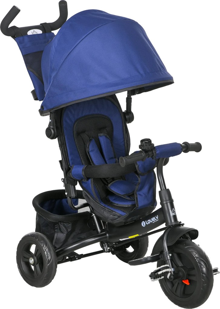 HOMCOM 6 az 1-ben tricikli tolókarral, eltávolítható napernyővel, párnával, egyensúlyozó kerékpár 5 pontos biztonsági övvel, kosárral, pohártartóval,