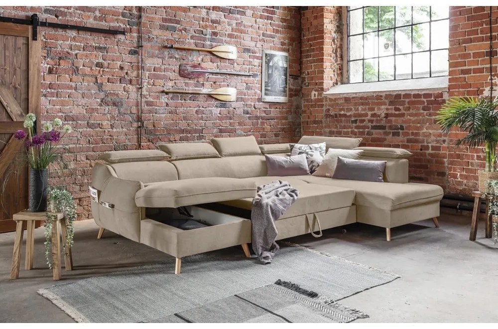 Bézs bársony kinyitható sarokkanapé (jobb oldali-"U" alakú) Sweet Harmony – Miuform